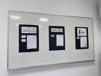 Vom Entwurf zur Marke: Designkonzepte im Vergleich Mehrere Designentwürfe für ein Logo und Geschäftsausstattung hängen an einer Präsentationswand.